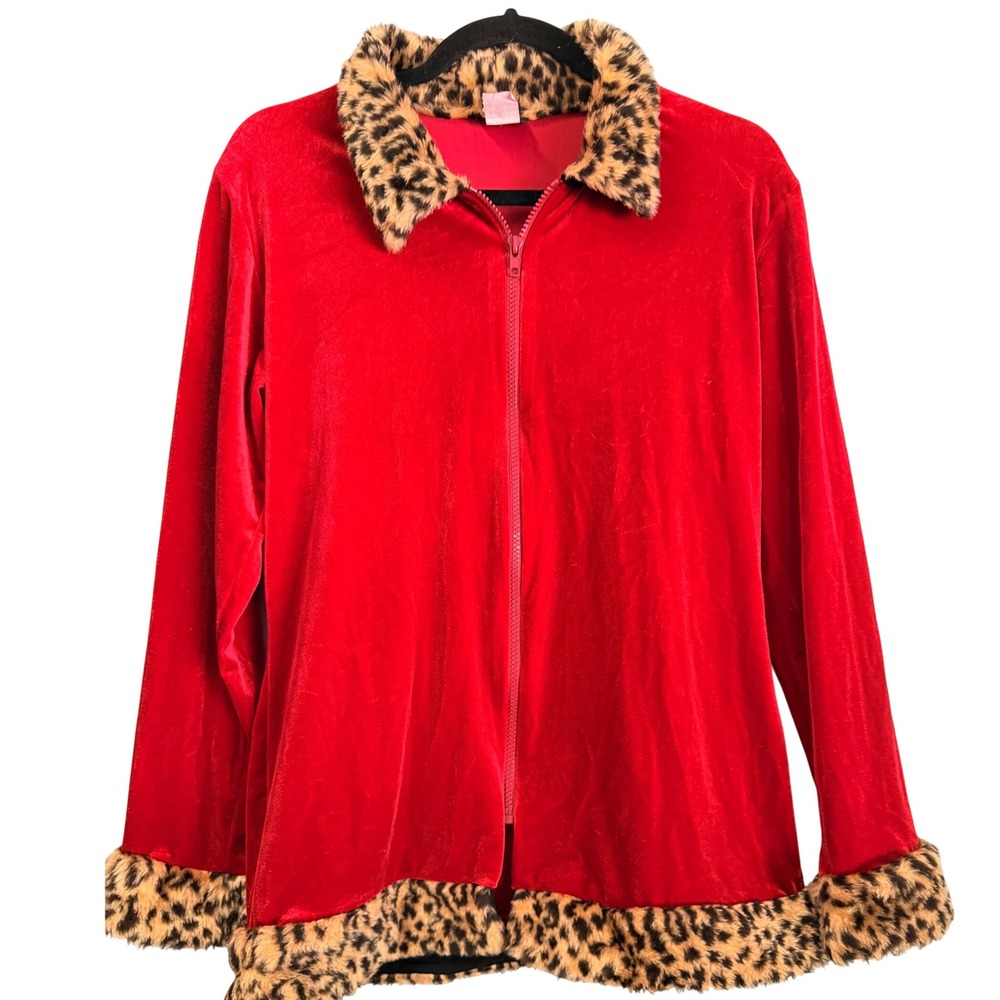 Pop Style USA Red Velvet Leopard Faux Fur Trim Zip Up Jacket XL Y2K Vintage